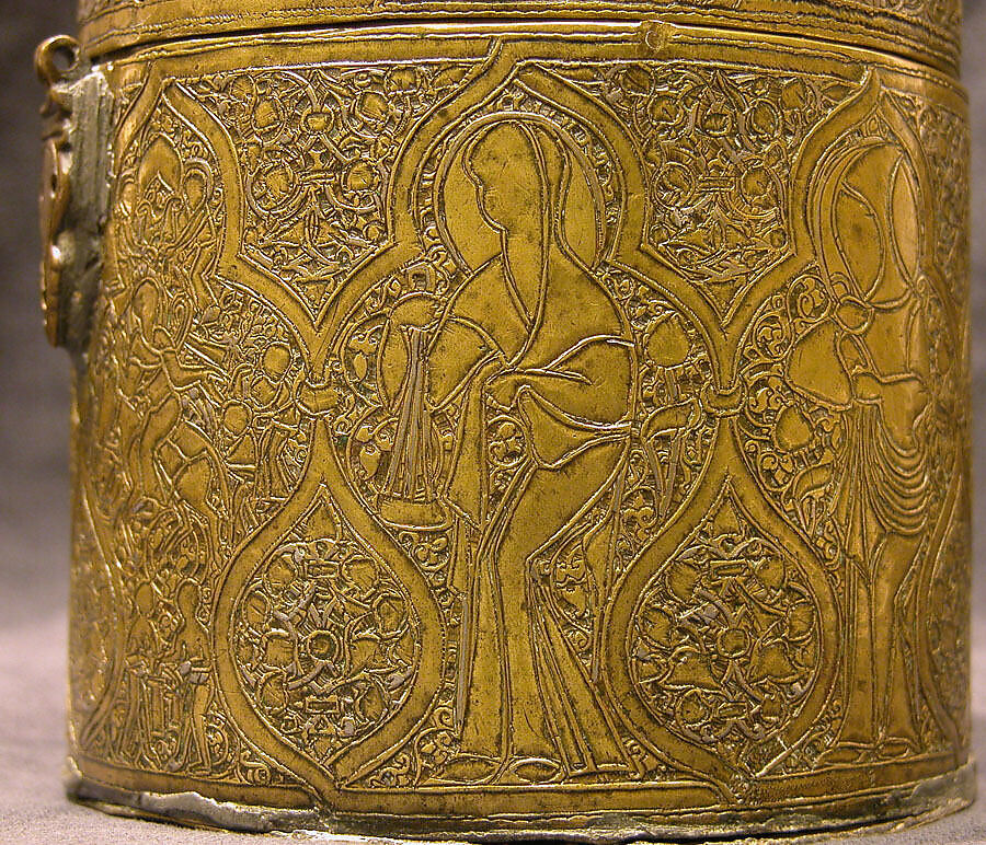 Pyxis Depicting Standing Saints or Ecclesiastics and the Entry into Jerusalem with Christ Riding a Donkey, Brass; hammered, engraved, inlaid with silver