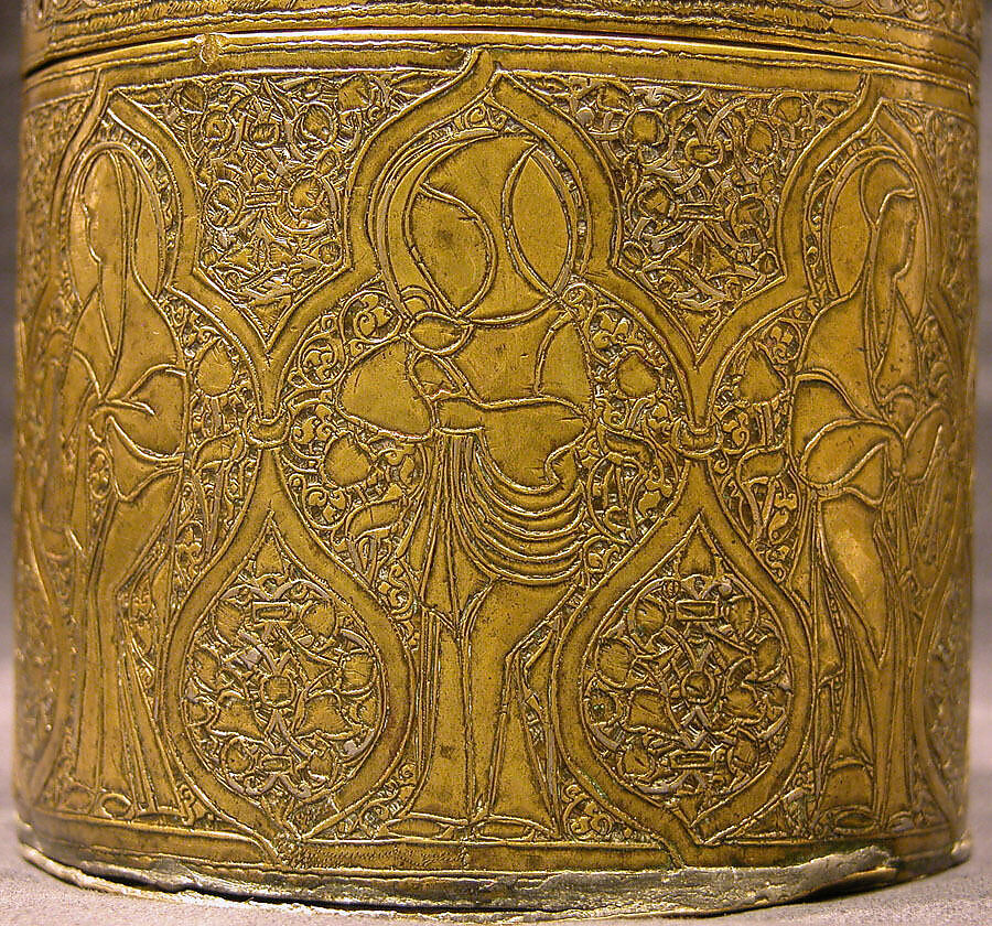 Pyxis Depicting Standing Saints or Ecclesiastics and the Entry into Jerusalem with Christ Riding a Donkey, Brass; hammered, engraved, inlaid with silver