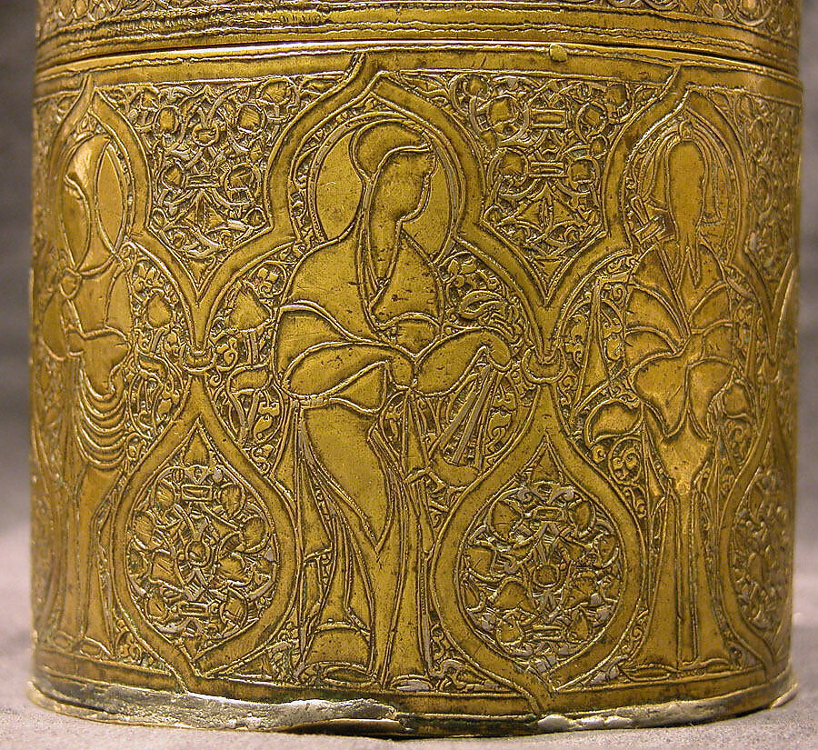 Pyxis Depicting Standing Saints or Ecclesiastics and the Entry into Jerusalem with Christ Riding a Donkey, Brass; hammered, engraved, inlaid with silver