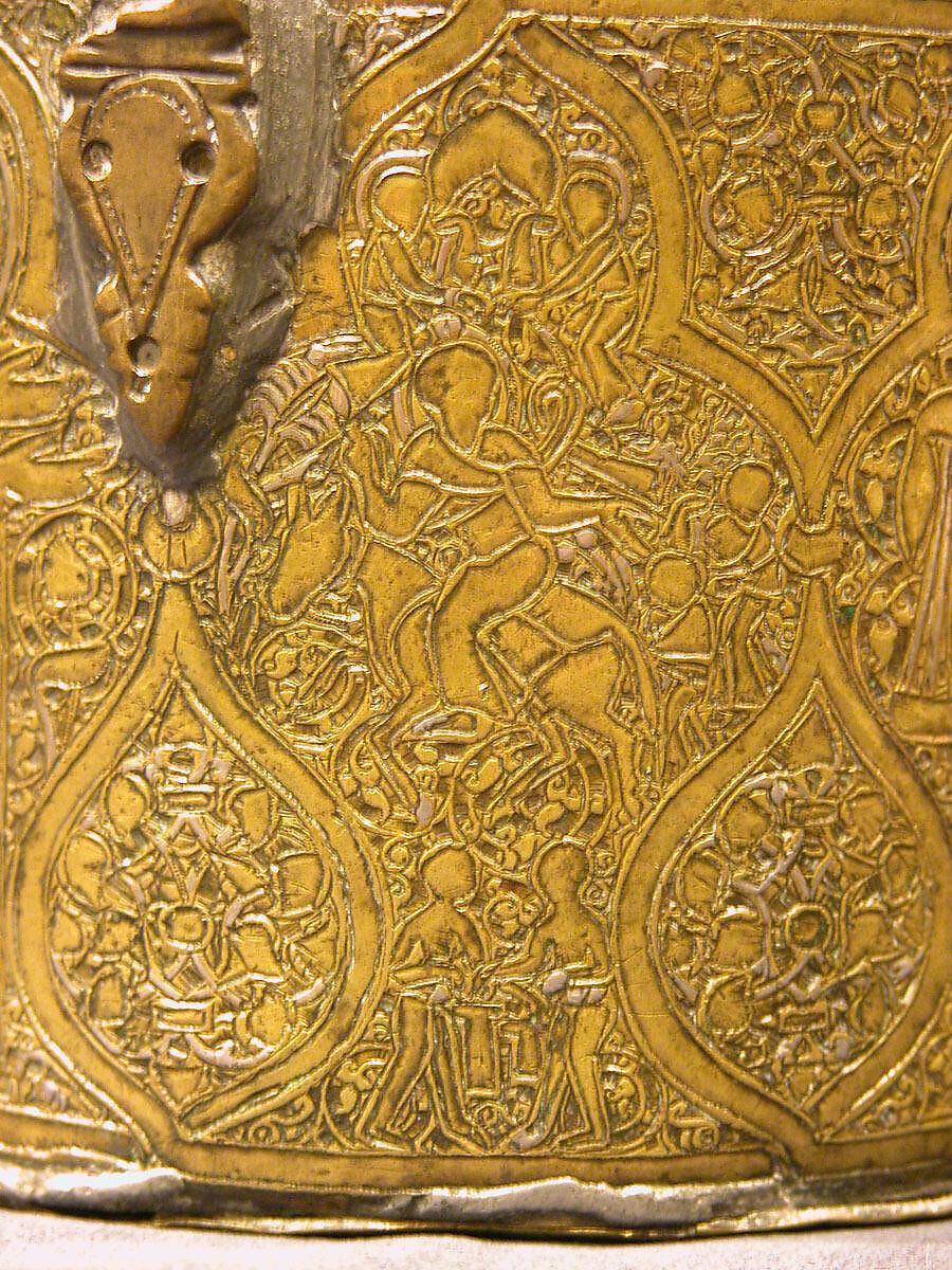 Pyxis Depicting Standing Saints or Ecclesiastics and the Entry into Jerusalem with Christ Riding a Donkey, Brass; hammered, engraved, inlaid with silver