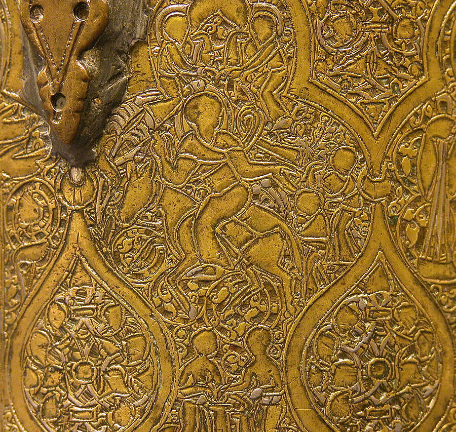 Pyxis Depicting Standing Saints or Ecclesiastics and the Entry into Jerusalem with Christ Riding a Donkey, Brass; hammered, engraved, inlaid with silver