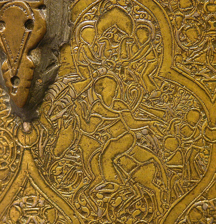 Pyxis Depicting Standing Saints or Ecclesiastics and the Entry into Jerusalem with Christ Riding a Donkey, Brass; hammered, engraved, inlaid with silver