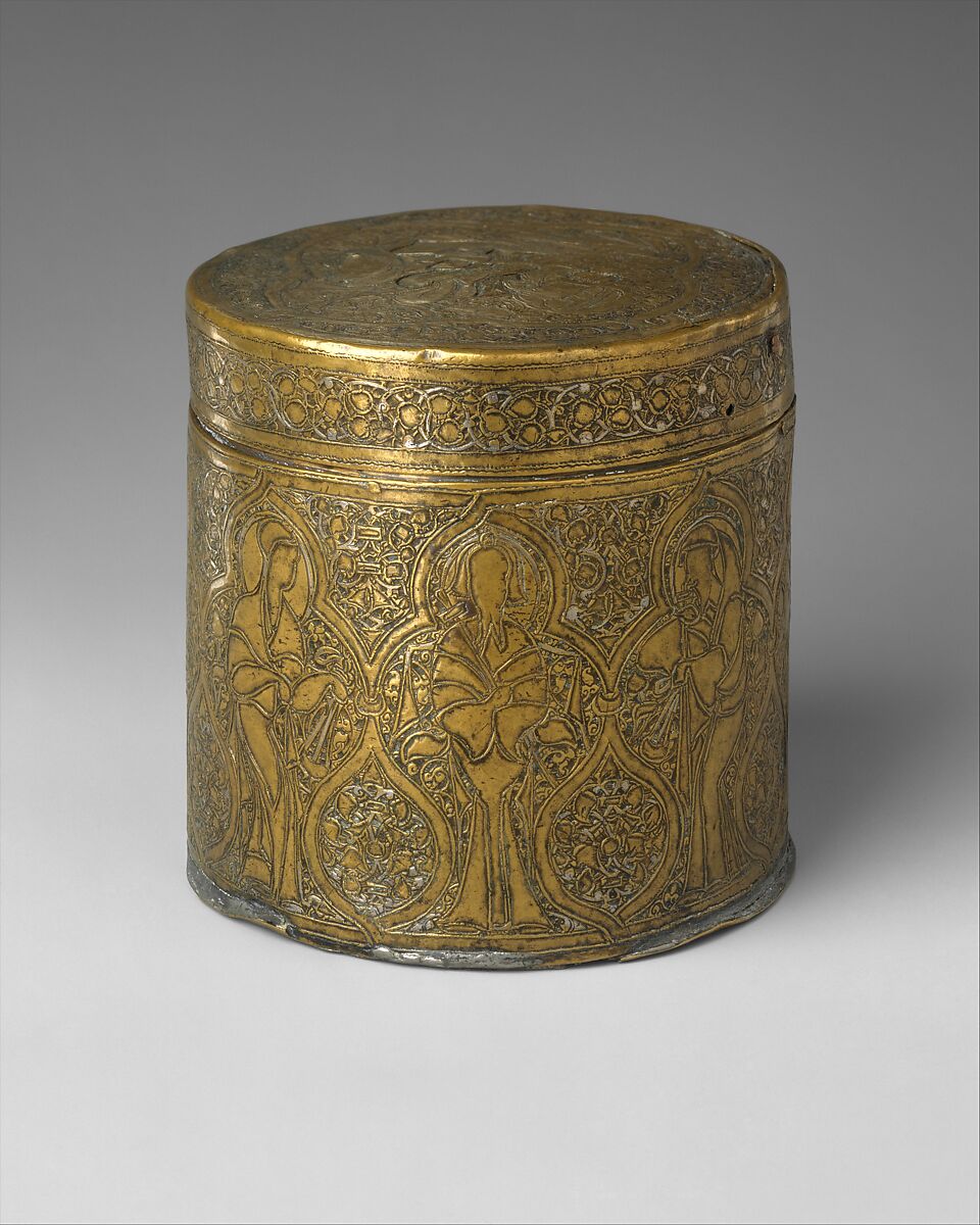 Pyxis Depicting Standing Saints or Ecclesiastics and the Entry into Jerusalem with Christ Riding a Donkey, Brass; hammered, engraved, inlaid with silver