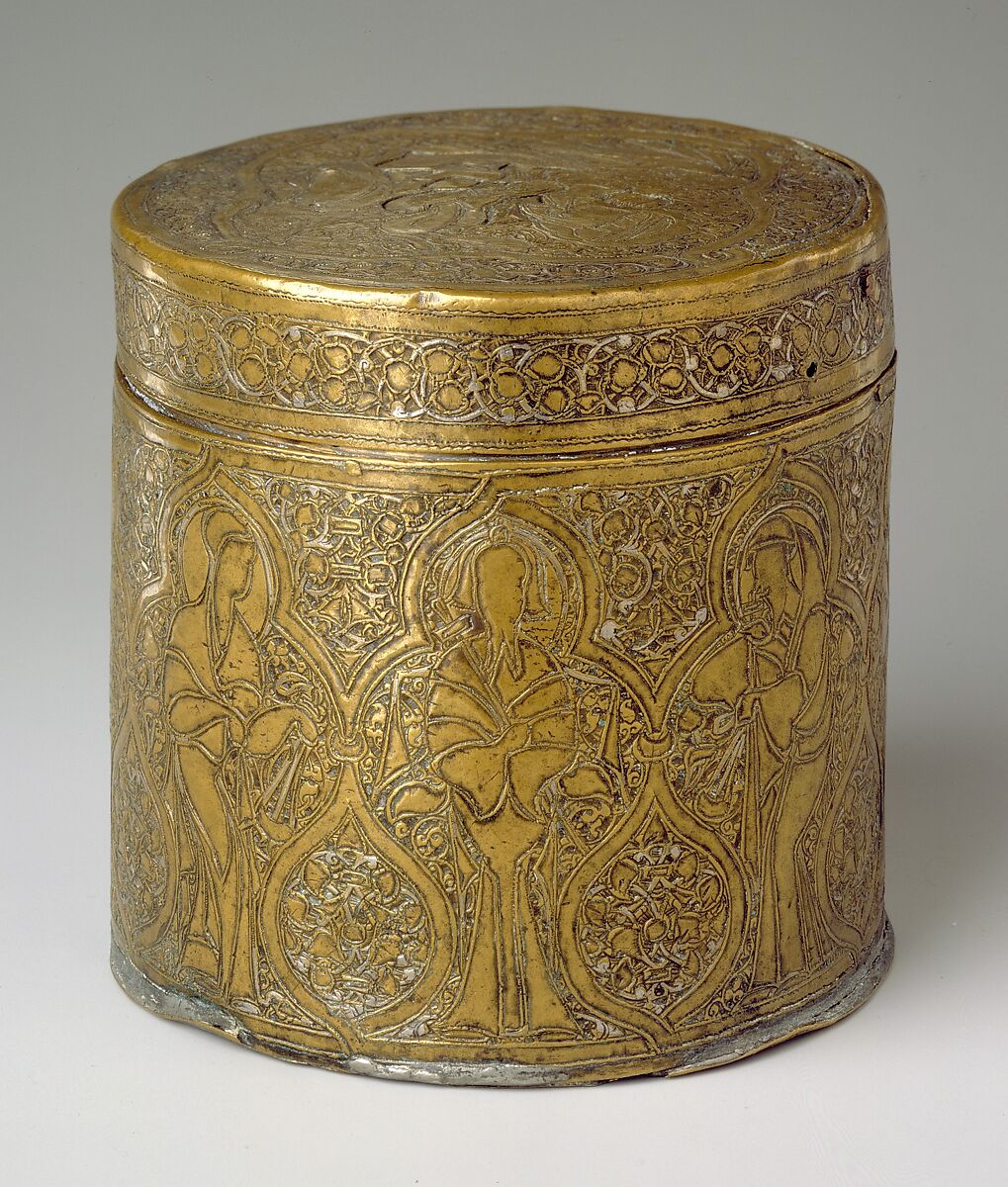 Pyxis Depicting Standing Saints or Ecclesiastics and the Entry into Jerusalem with Christ Riding a Donkey, Brass; hammered, engraved, inlaid with silver