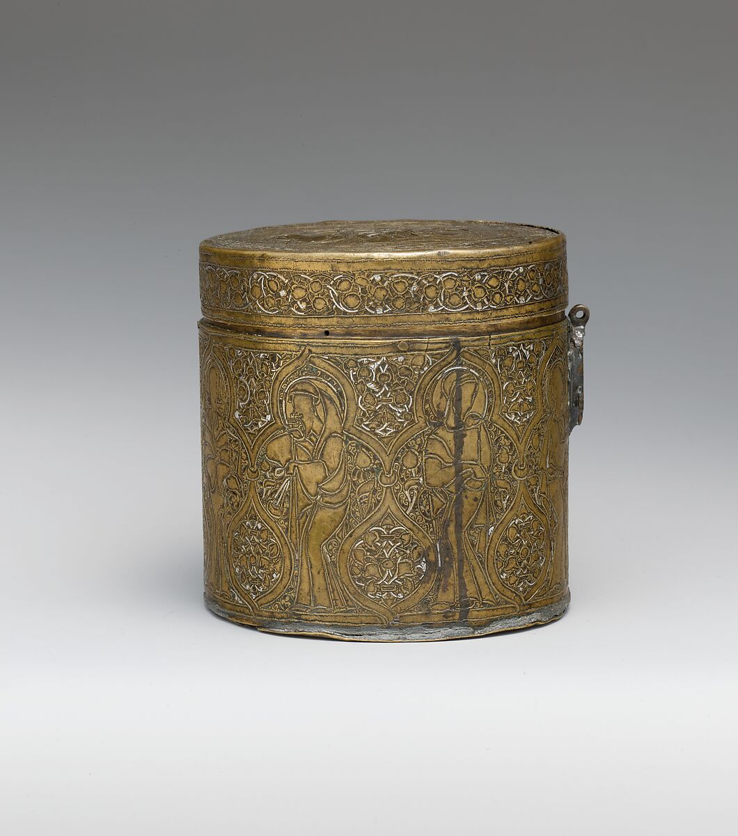 Pyxis Depicting Standing Saints or Ecclesiastics and the Entry into Jerusalem with Christ Riding a Donkey, Brass; hammered, engraved, inlaid with silver