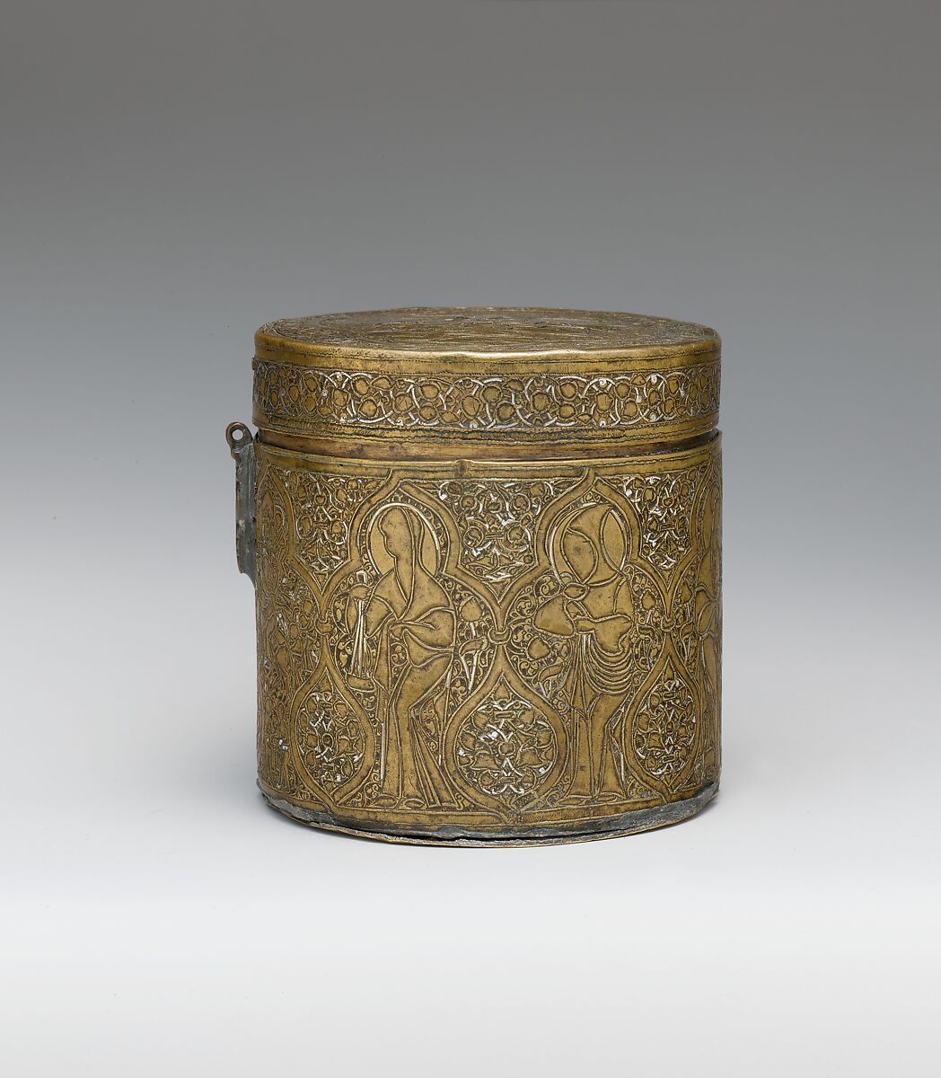 Pyxis Depicting Standing Saints or Ecclesiastics and the Entry into Jerusalem with Christ Riding a Donkey, Brass; hammered, engraved, inlaid with silver