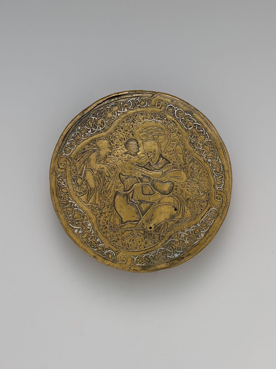 Pyxis Depicting Standing Saints or Ecclesiastics and the Entry into Jerusalem with Christ Riding a Donkey, Brass; hammered, engraved, inlaid with silver