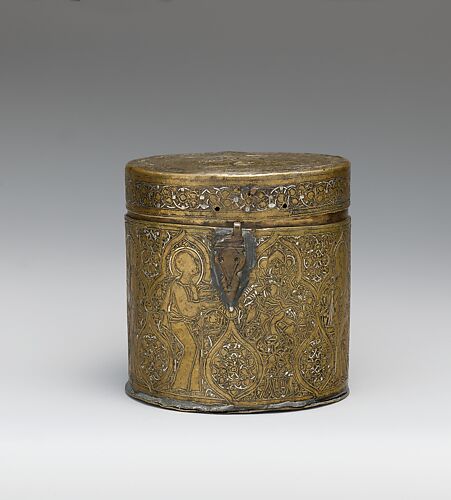 Pyxis Depicting Standing Saints or Ecclesiastics and the Entry into Jerusalem with Christ Riding a Donkey