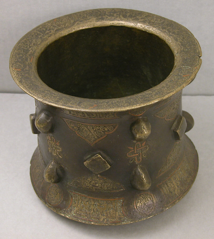 Mortar, Bronze; cast and engraved, inlaid with copper