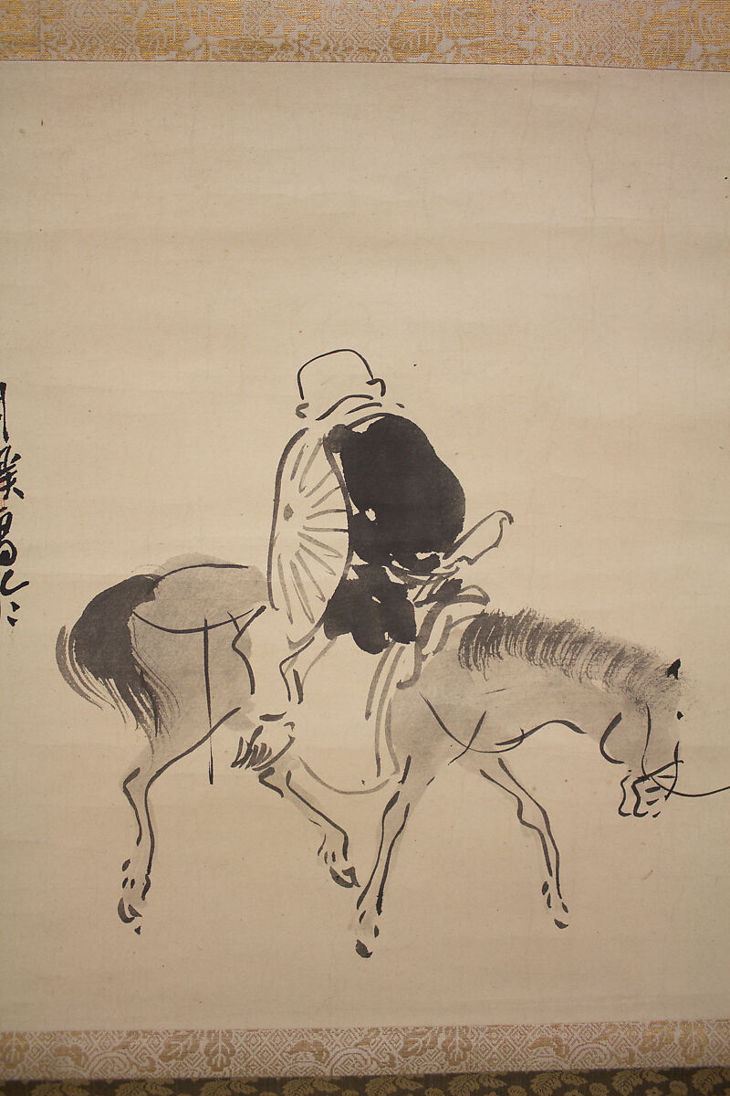 Monk Renshō Riding His Horse Backwards, Matsumura Goshun (Japanese, 1752–1811), Hanging scroll; ink on paper, Japan