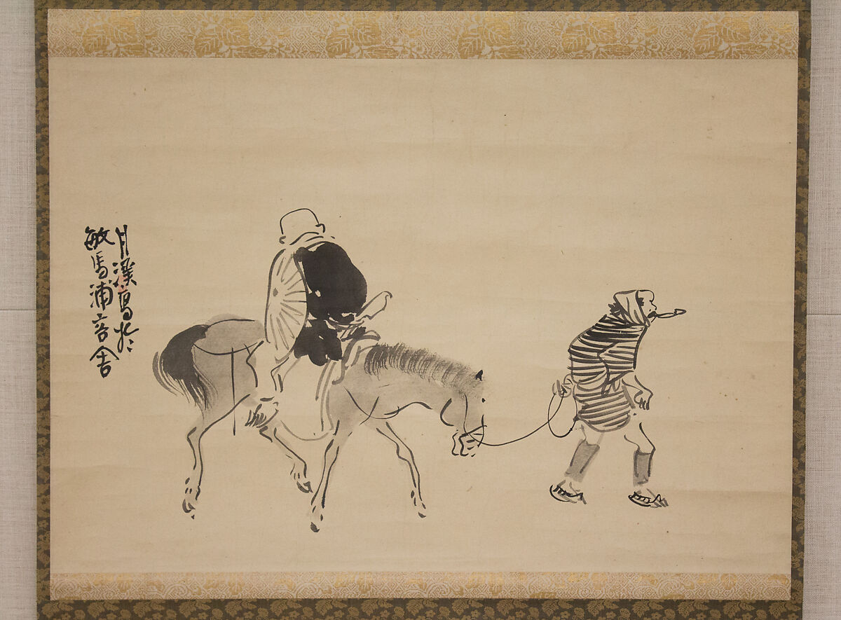 Monk Renshō Riding His Horse Backwards, Matsumura Goshun (Japanese, 1752–1811), Hanging scroll; ink on paper, Japan 