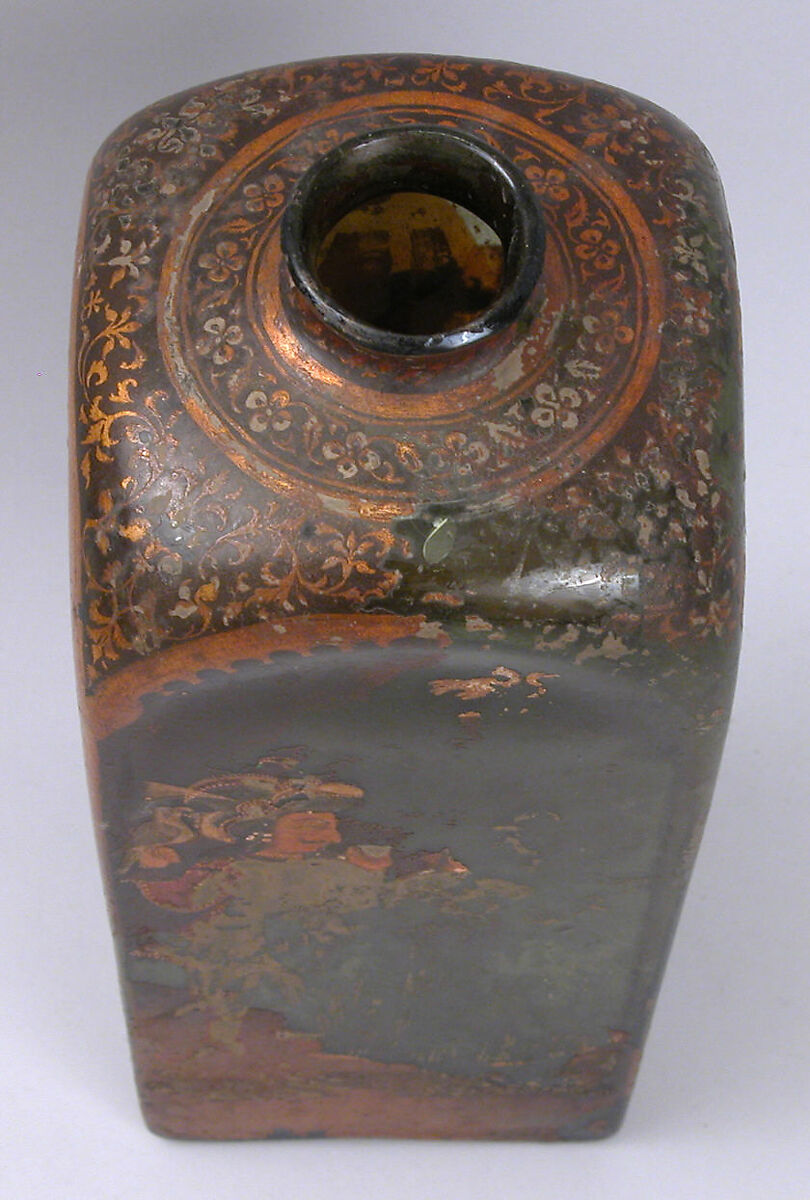 Bottle with European and Indian Figures, Glass, colorless with green tinge; mold blown, painted