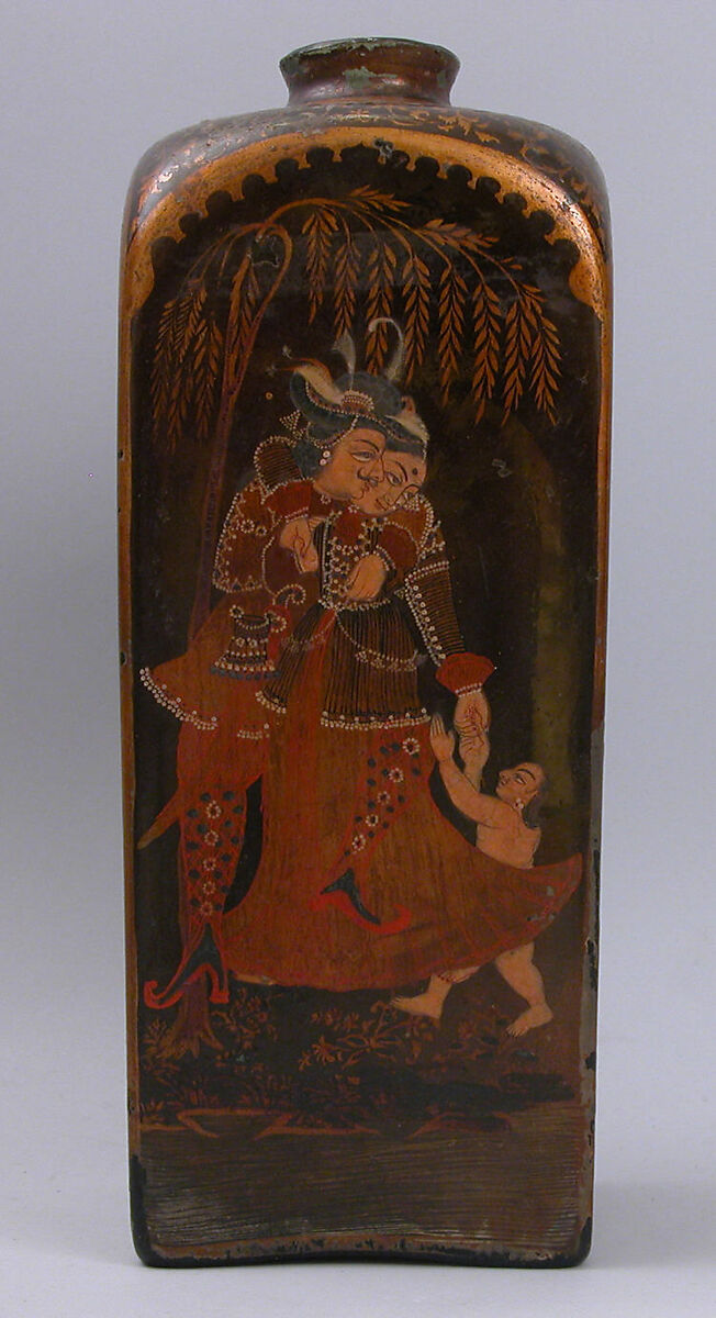 Bottle with European and Indian Figures, Glass, colorless with green tinge; mold blown, painted