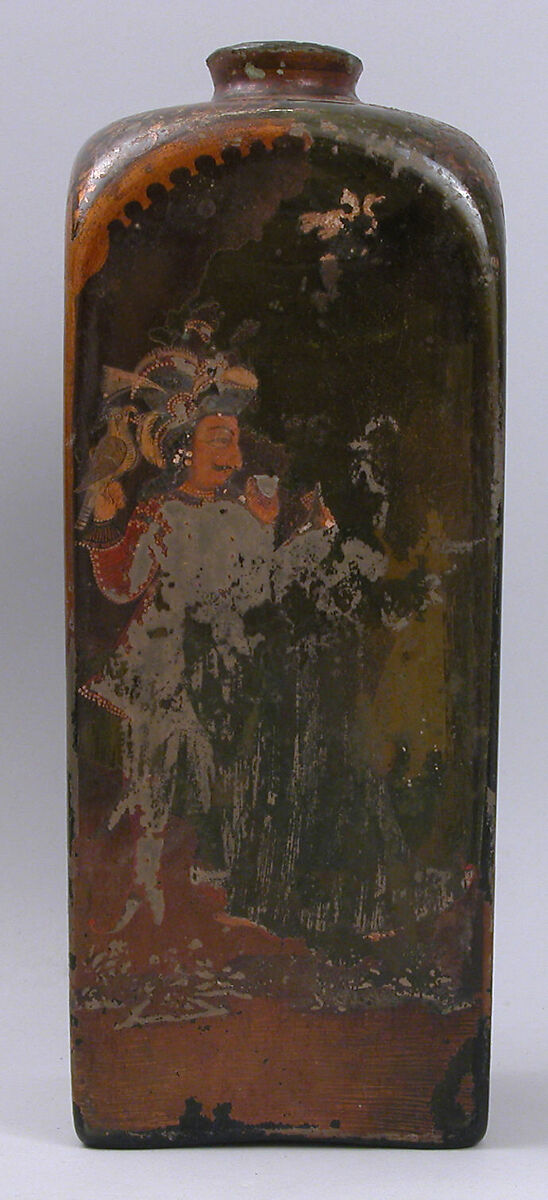 Bottle with European and Indian Figures, Glass, colorless with green tinge; mold blown, painted