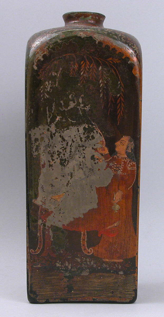 Bottle with European and Indian Figures, Glass, colorless with green tinge; mold blown, painted