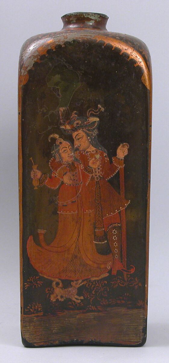 Bottle with European and Indian Figures, Glass, colorless with green tinge; mold blown, painted