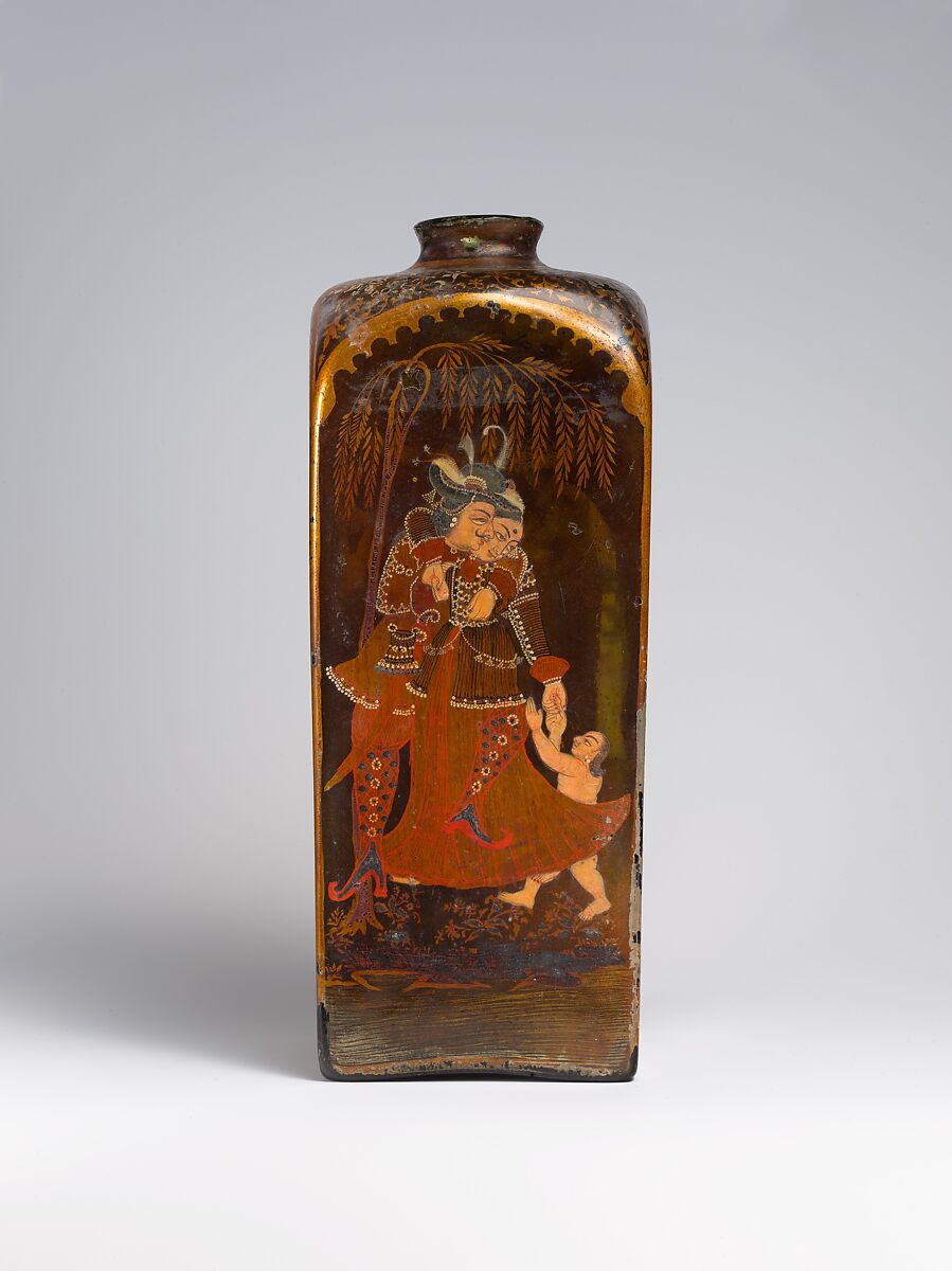 Bottle with European and Indian Figures, Glass, colorless with green tinge; mold blown, painted 