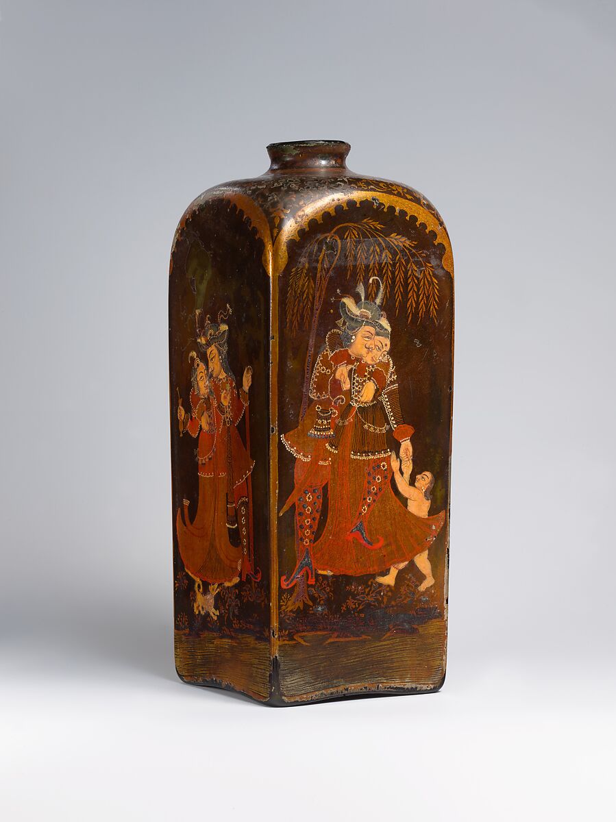Bottle with European and Indian Figures, Glass, colorless with green tinge; mold blown, painted