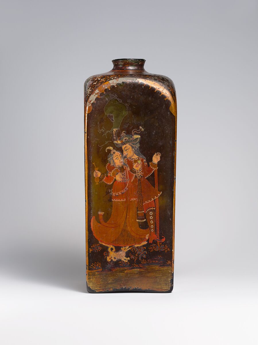 Bottle with European and Indian Figures, Glass, colorless with green tinge; mold blown, painted