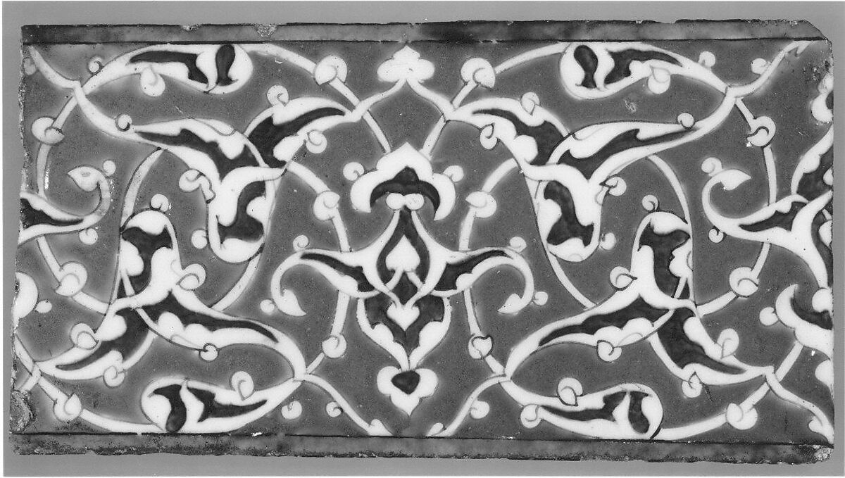 Border Tile with Split-Palmette Design, Stonepaste; polychrome painted under transparent glaze