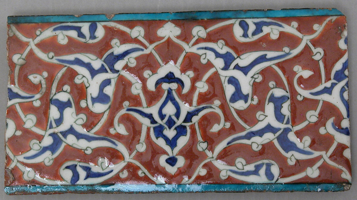 Border Tile with Split-Palmette Design, Stonepaste; polychrome painted under transparent glaze