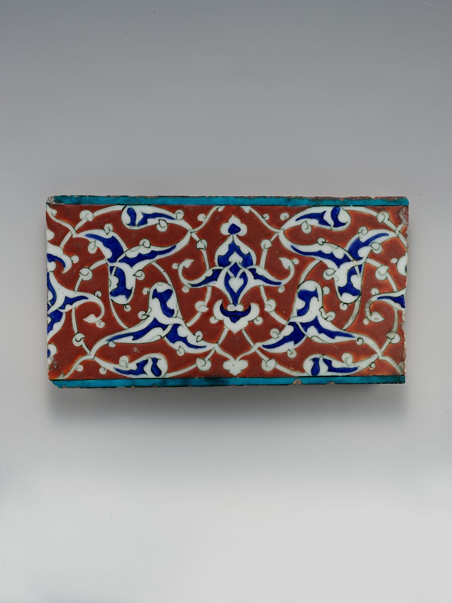 Border Tile with Split-Palmette Design, Stonepaste; polychrome painted under transparent glaze 