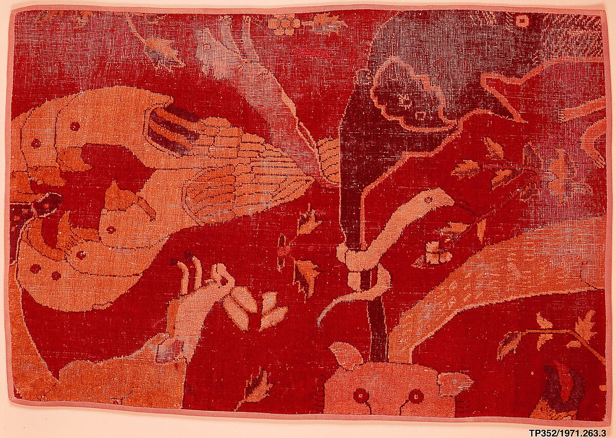 Fragment of an Animal Carpet, Cotton (warp and weft), wool (pile); asymmetrically knotted pile