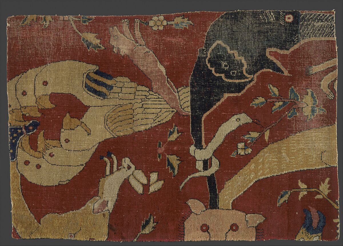 Fragment of an Animal Carpet, Cotton (warp and weft), wool (pile); asymmetrically knotted pile 