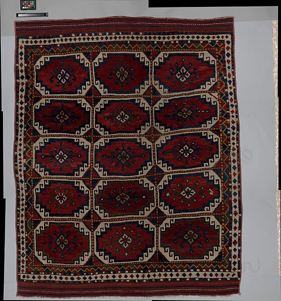 Carpet with Repeating Medallion Pattern on Red Background, Wool; (warp, weft, and pile); symmetrically knotted pile