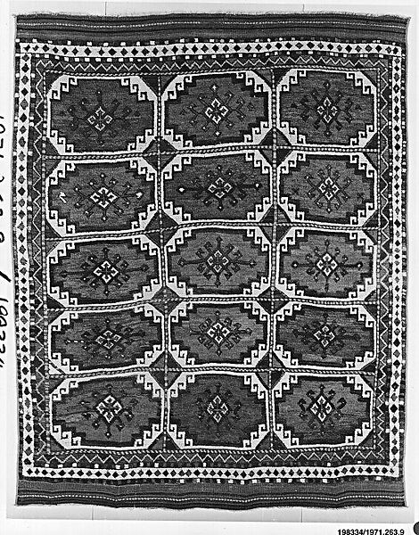 Carpet with Repeating Medallion Pattern on Red Background, Wool; (warp, weft, and pile); symmetrically knotted pile