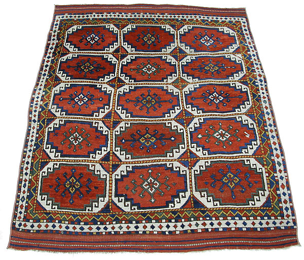 Carpet with Repeating Medallion Pattern on Red Background, Wool; (warp, weft, and pile); symmetrically knotted pile