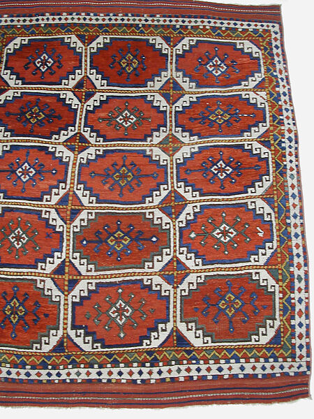 Carpet with Repeating Medallion Pattern on Red Background, Wool; (warp, weft, and pile); symmetrically knotted pile