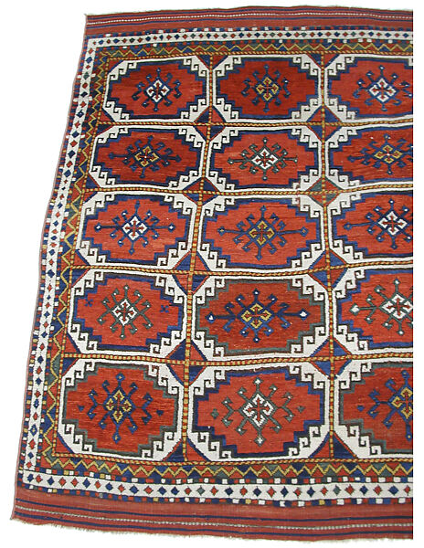 Carpet with Repeating Medallion Pattern on Red Background, Wool; (warp, weft, and pile); symmetrically knotted pile