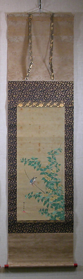 Kingfisher on a Branch of Yamabuki, Katsukawa Shunshō　勝川春章 (Japanese, 1726–1792), Hanging scroll; ink and color on silk, Japan