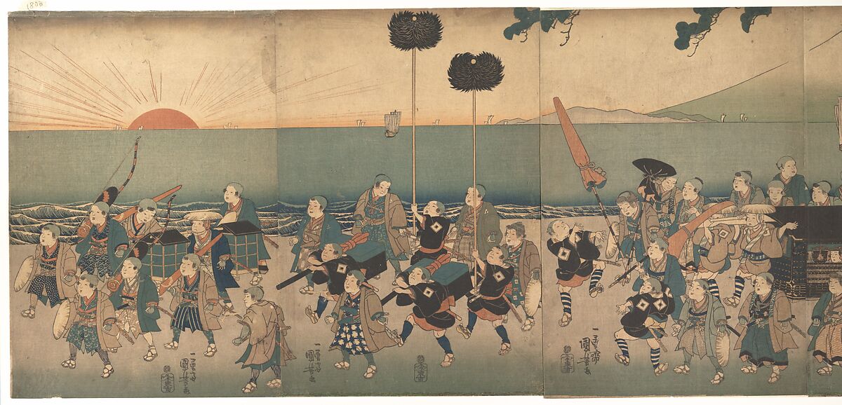 Boys Play-acting a Daimyo Procession, Utagawa Kuniyoshi (Japanese, 1797–1861), Pentaptych of woodblock prints; ink and color on paper, Japan 