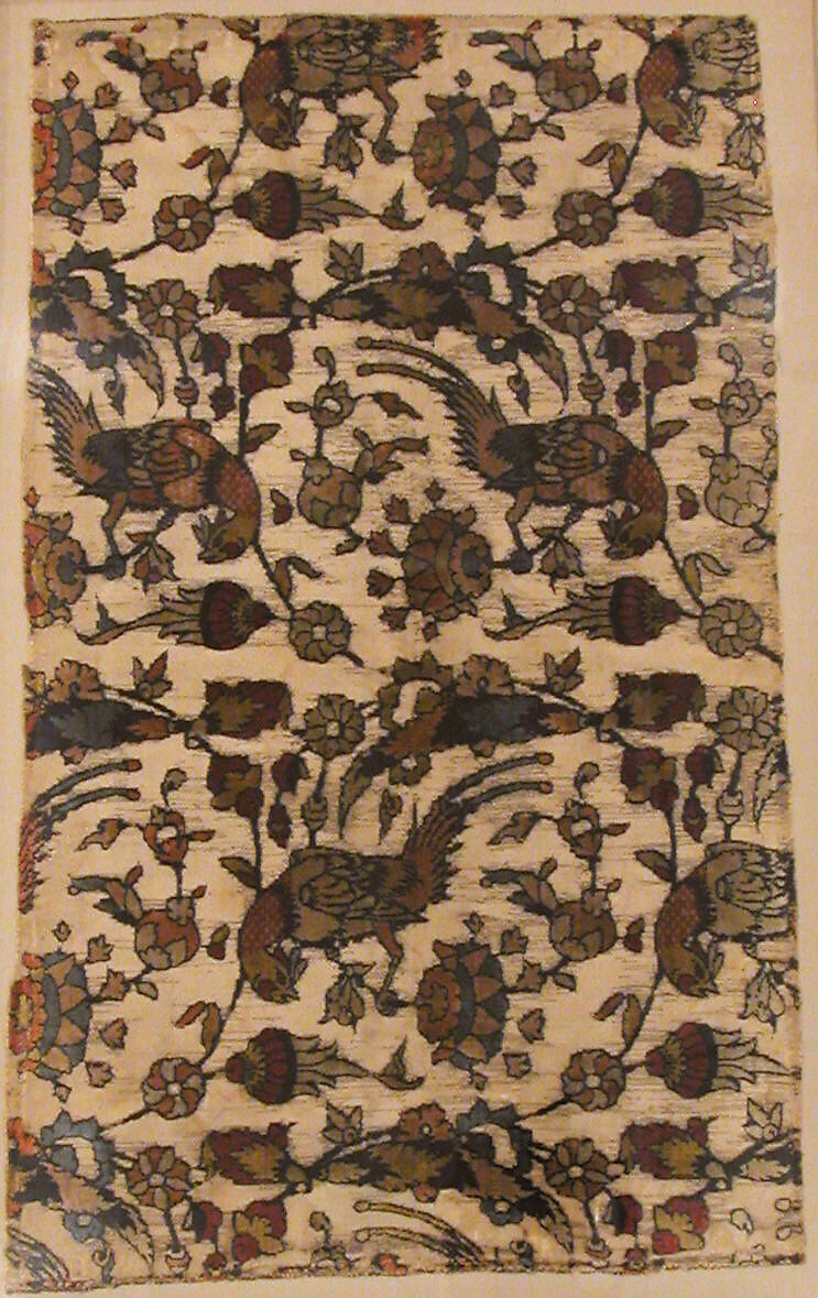 Velvet Fragment with Bird and Flower Design, Silk; cut and voided velvet, with continuous floats of flat metal thread