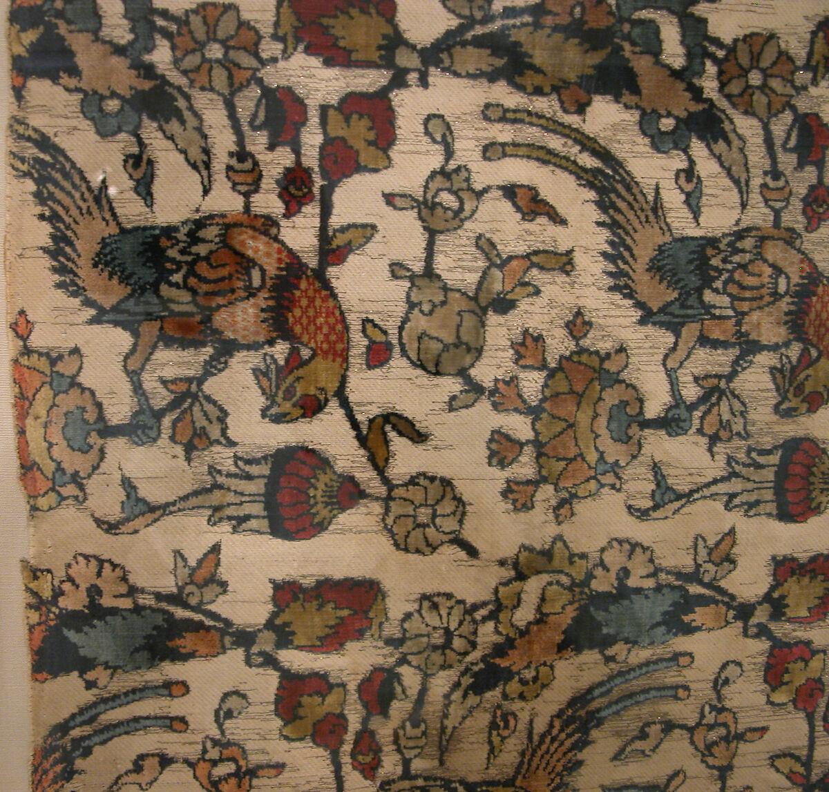 Velvet Fragment with Bird and Flower Design, Silk; cut and voided velvet, with continuous floats of flat metal thread