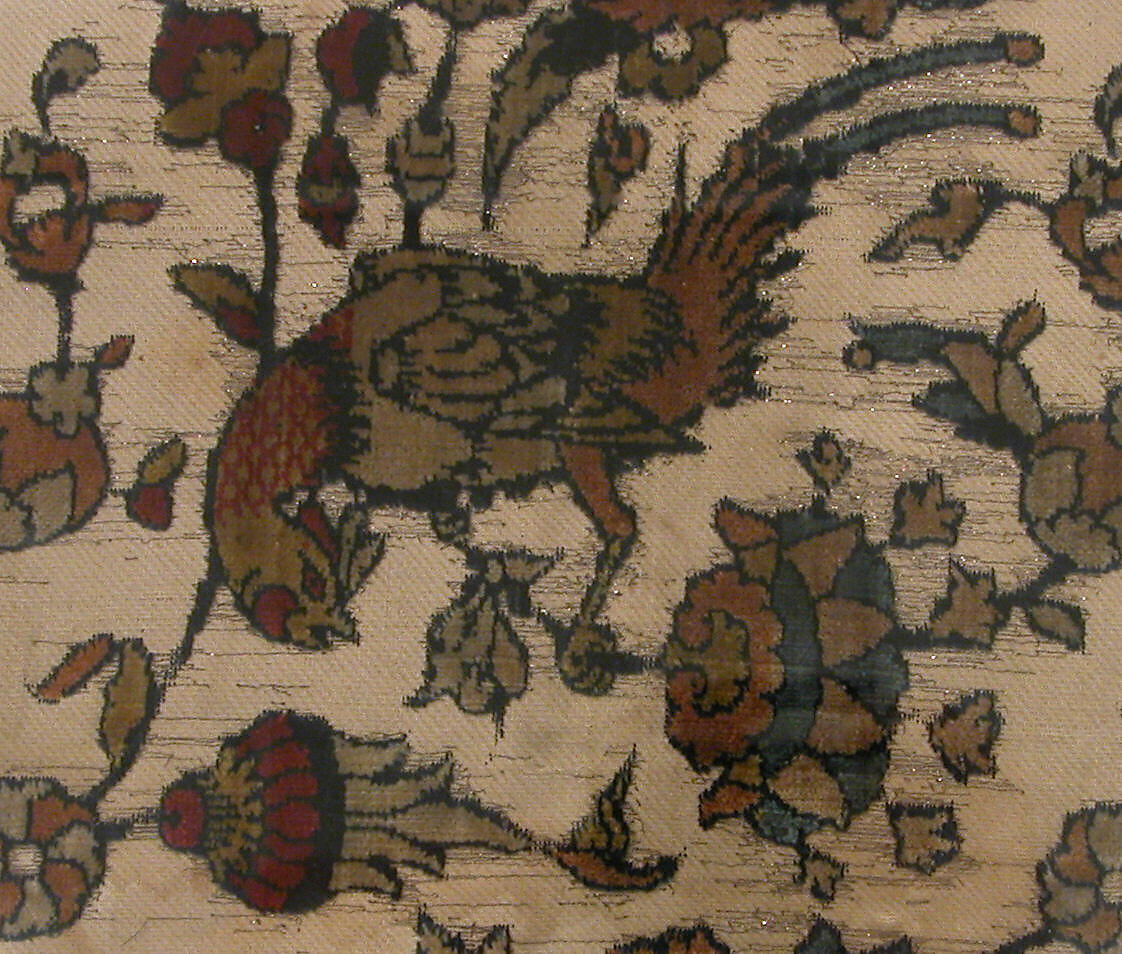 Velvet Fragment with Bird and Flower Design, Silk; cut and voided velvet, with continuous floats of flat metal thread