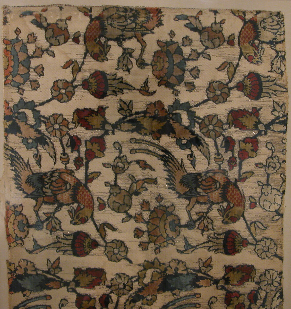 Velvet Fragment with Bird and Flower Design, Silk; cut and voided velvet, with continuous floats of flat metal thread
