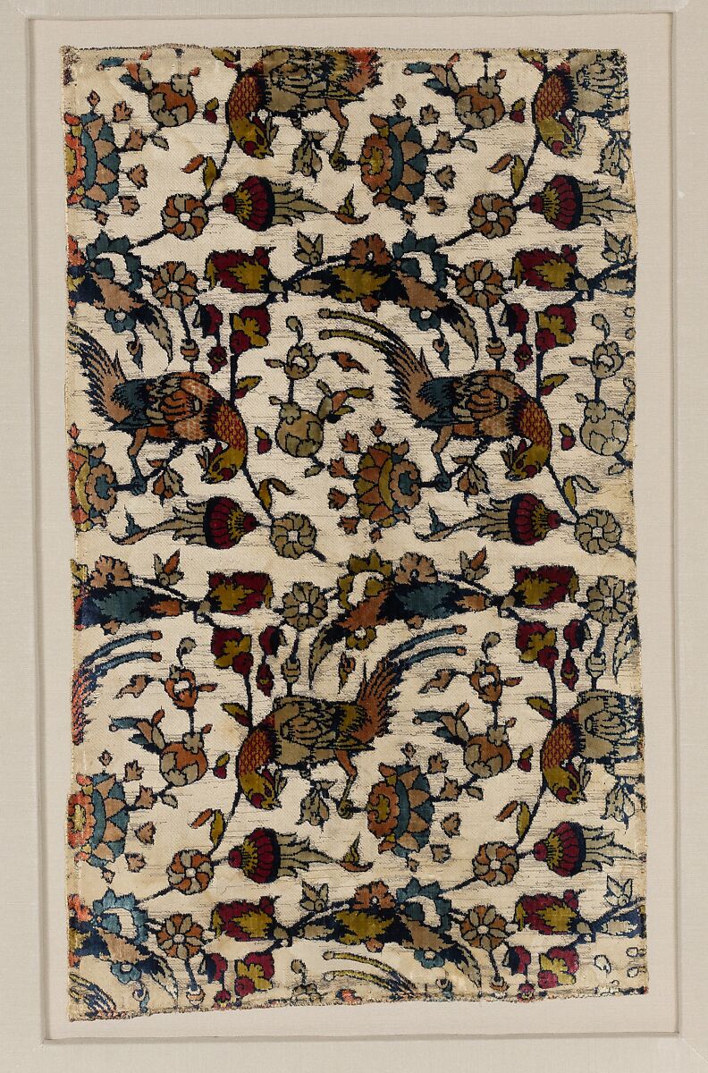 Velvet Fragment with Bird and Flower Design, Silk; cut and voided velvet, with continuous floats of flat metal thread 