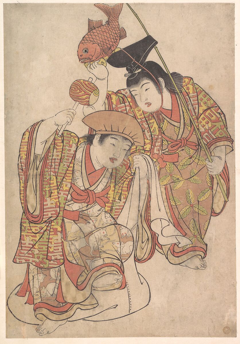 Boys Maquerading as Daikoku and Ebisu, Kitao Shigemasa (Japanese, 1739–1820), Woodblock print; ink and color on paper, Japan 