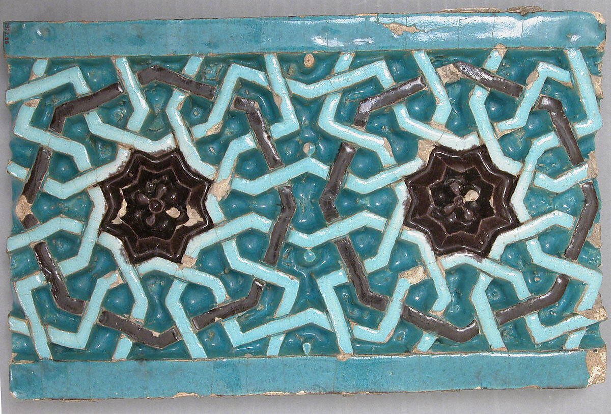 Tile Decorated with Entrelacs Pattern Based on Octagons, Stonepaste; carved and glazed in turquoise and aubergine 