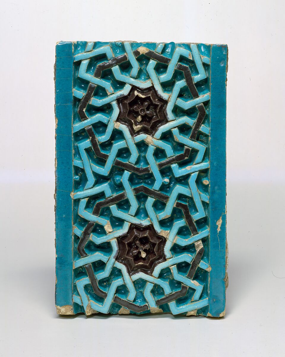 Tile Decorated with Entrelacs Pattern Based on Octagons, Stonepaste; carved and glazed in turquoise and aubergine