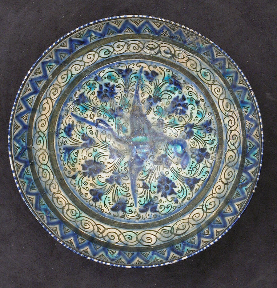 Bowl with Flying Bird Design, Stonepaste; blue, black, and turquoise painted under transparent glaze(Sultanabad ware) 