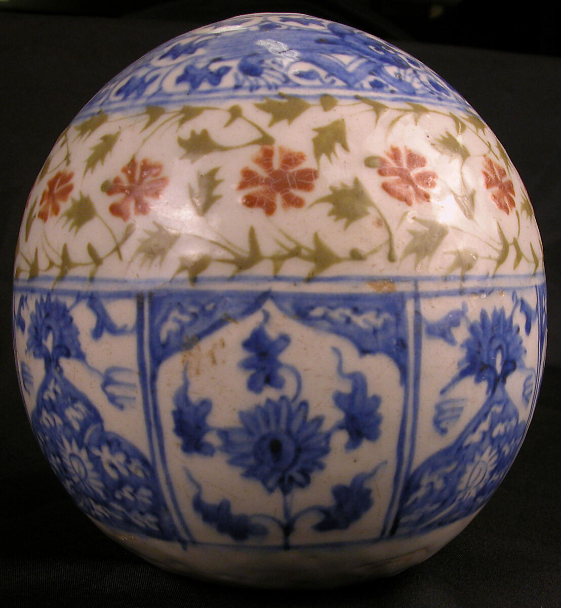 Water Pipe Base, Stonepaste; underglaze painted and slip-painted