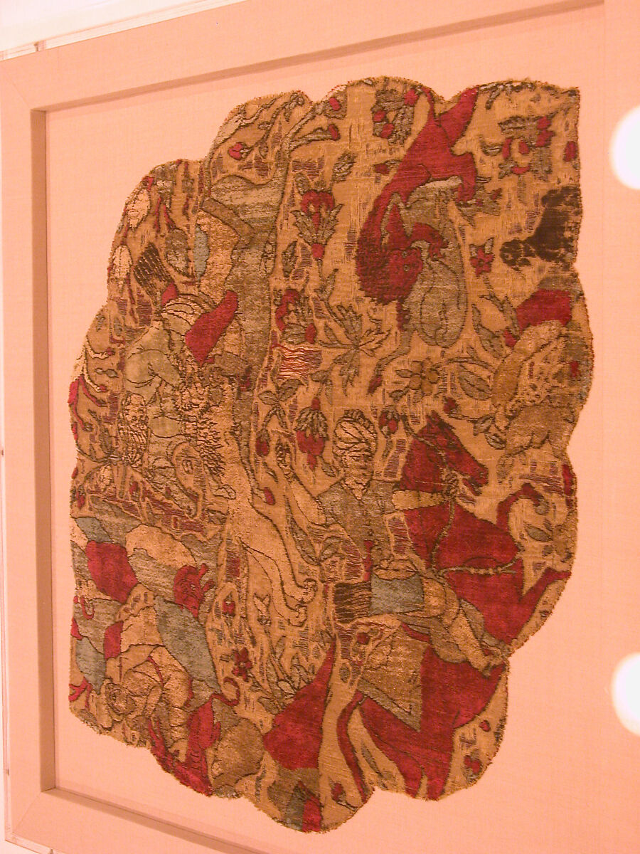 Velvet Panel with Hunting Scene, Silk, flat metal thread; cut and voided velvet
