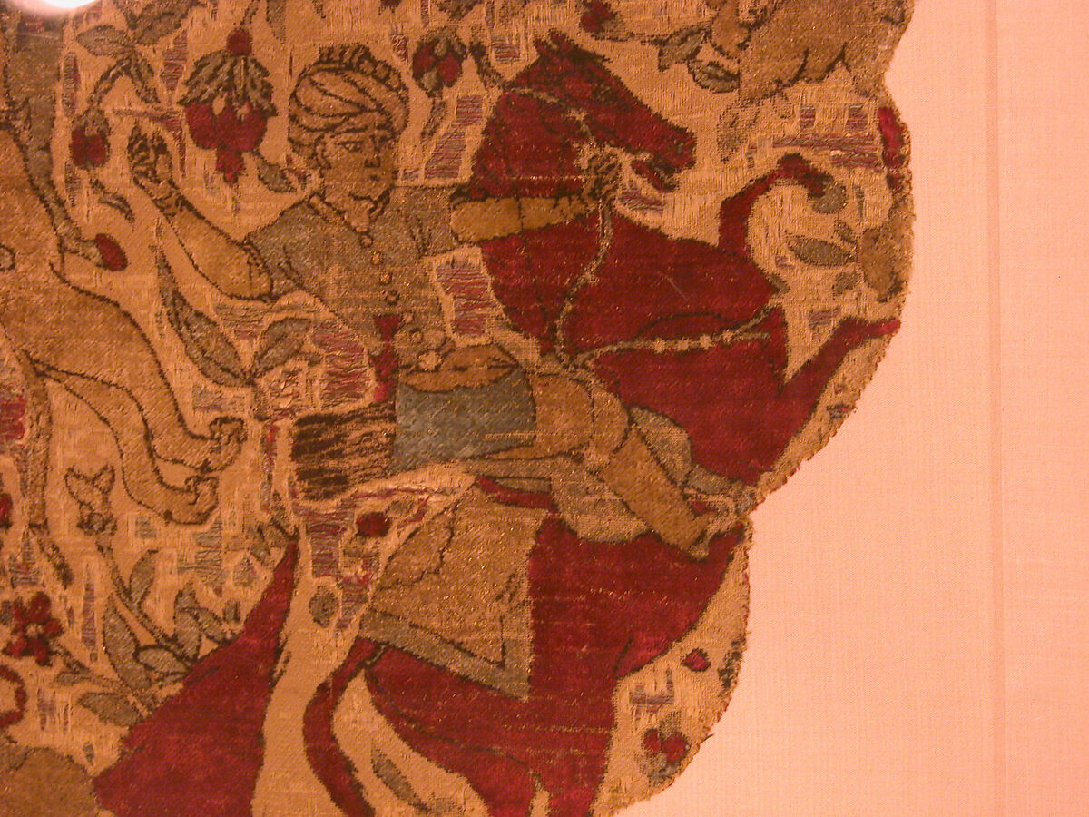 Velvet Panel with Hunting Scene, Silk, flat metal thread; cut and voided velvet