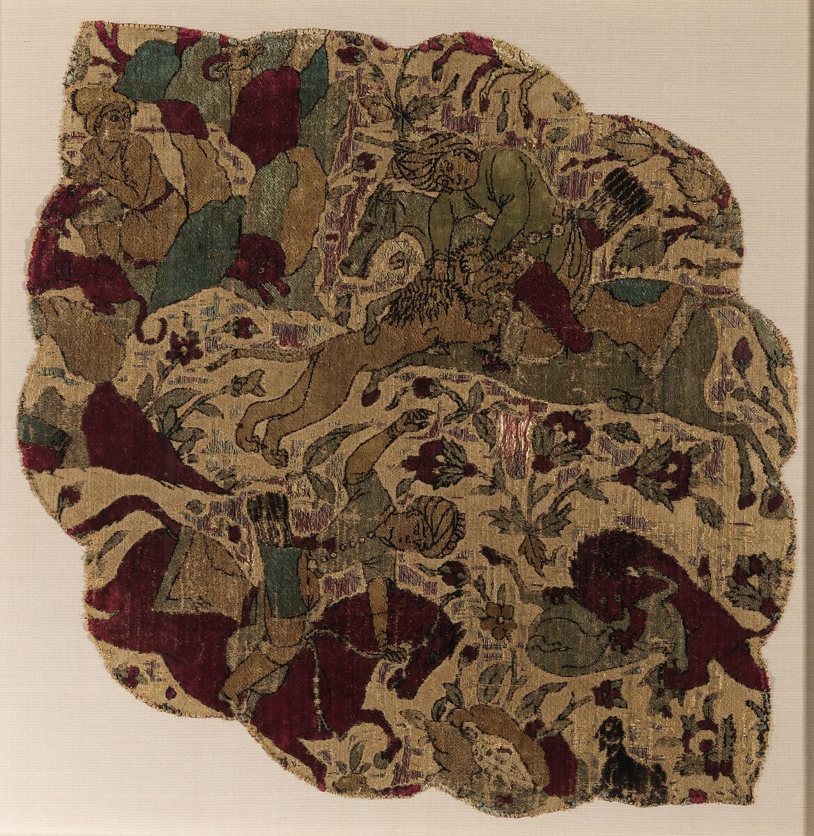 Velvet Panel with Hunting Scene, Silk, flat metal thread; cut and voided velvet 