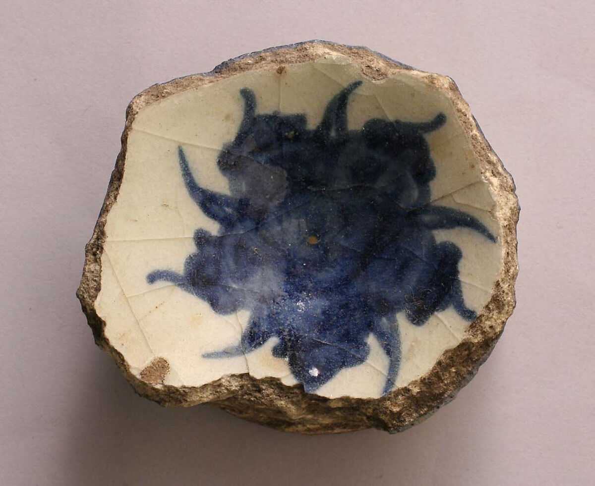 Fragment of a Bowl or Cup, Stonepaste; painted under transparent glaze 