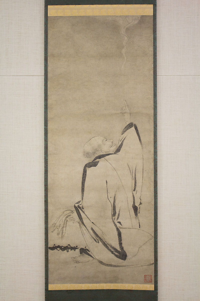 Hōtei Pointing to the Moon, Attributed to Shinno Noami (1397–1471), Hanging scroll; ink on paper, Japan 